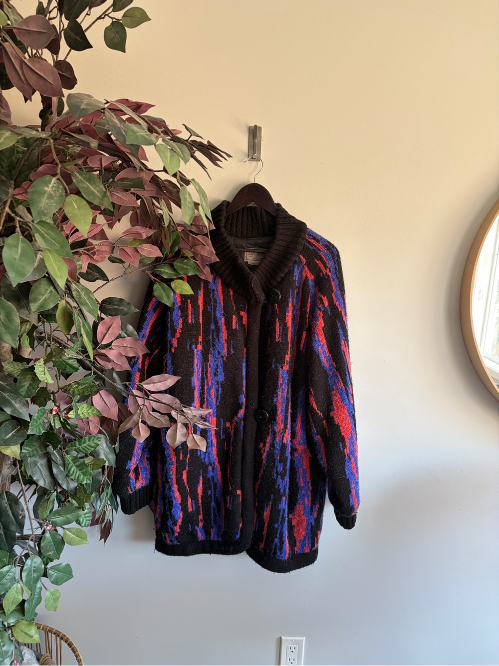 Vintage Black Teddy Jacket with Red & Blue Abstract Knit - Picture 2 of 6